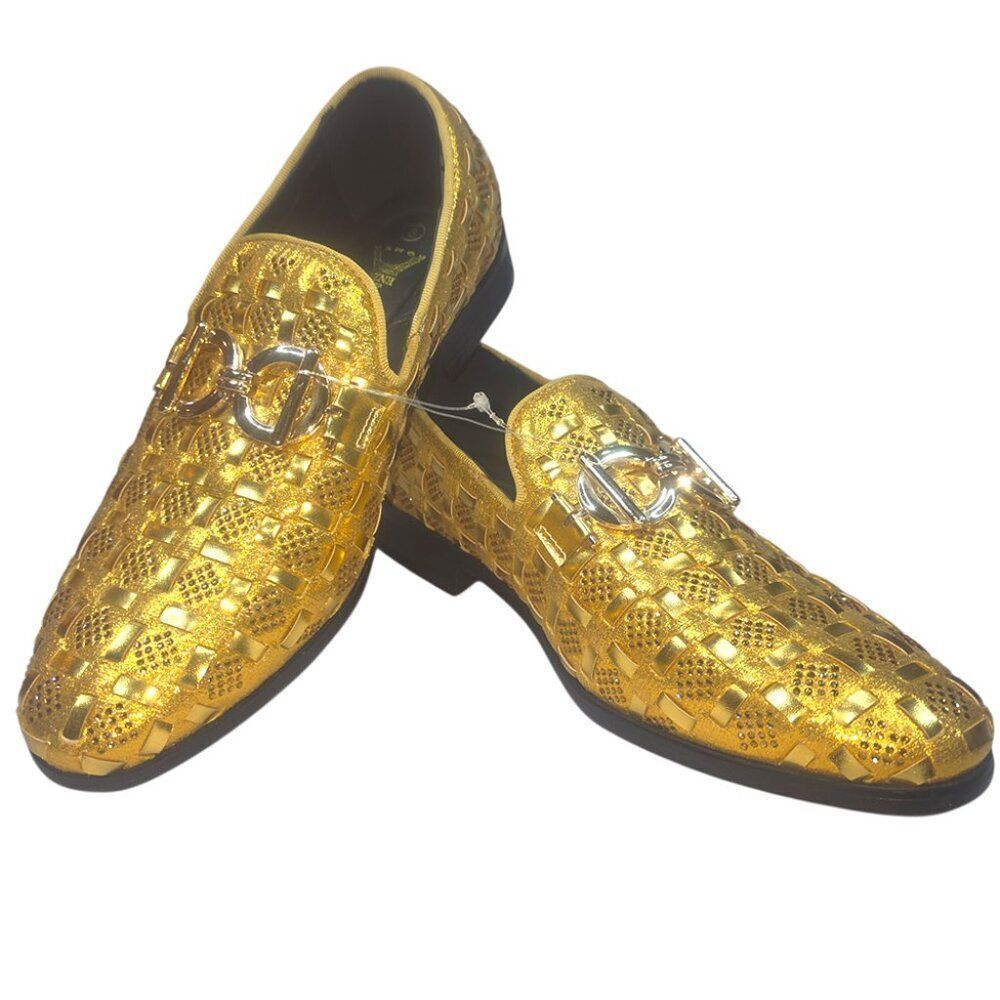 Enzo Romeo Men’s Gold Metallic Woven Rhinestone Loafers Horsebit Size 8